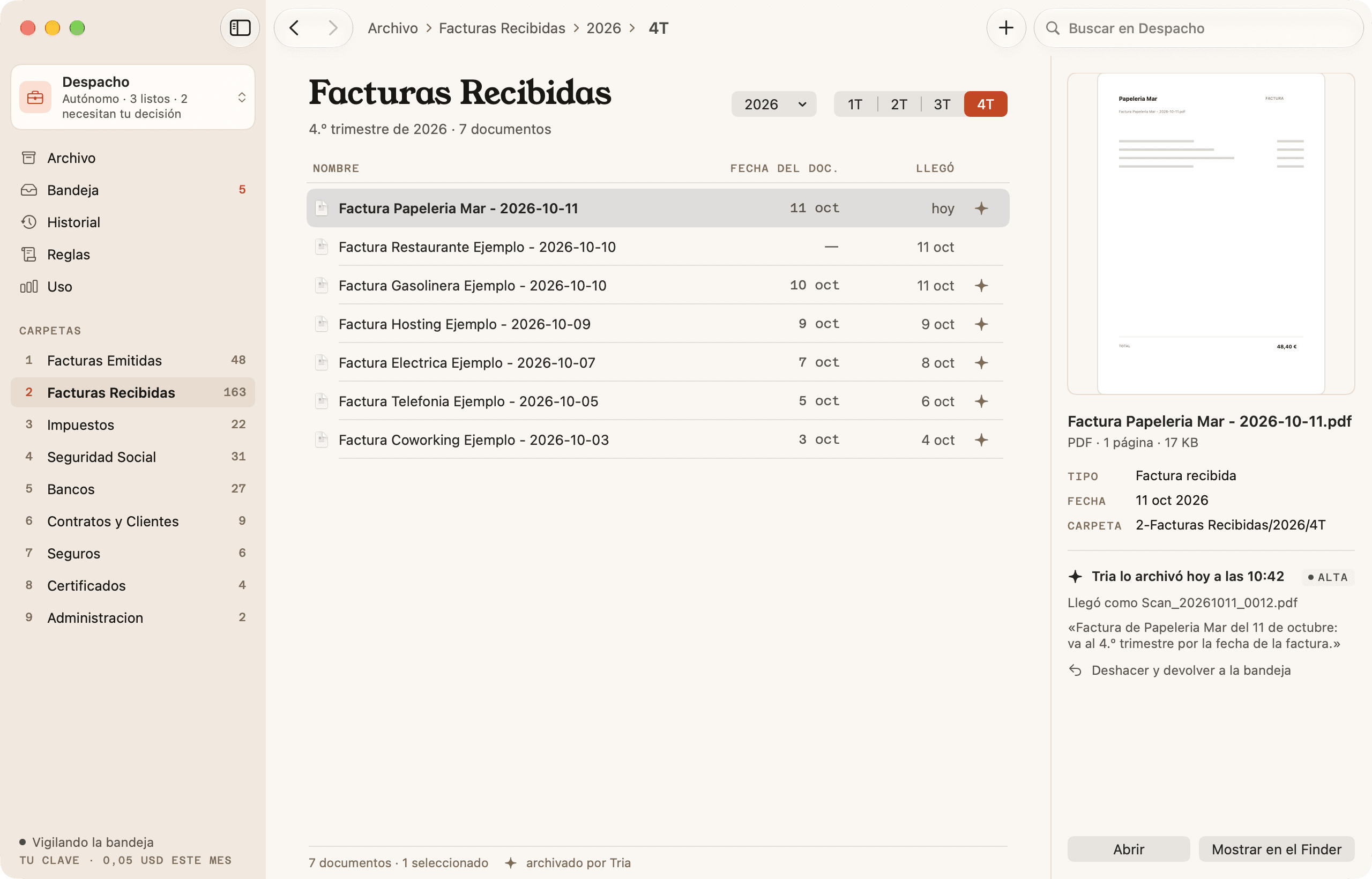 La carpeta de factures rebudes del quart trimestre, amb la previsualització d'una factura i d'on ha vingut.