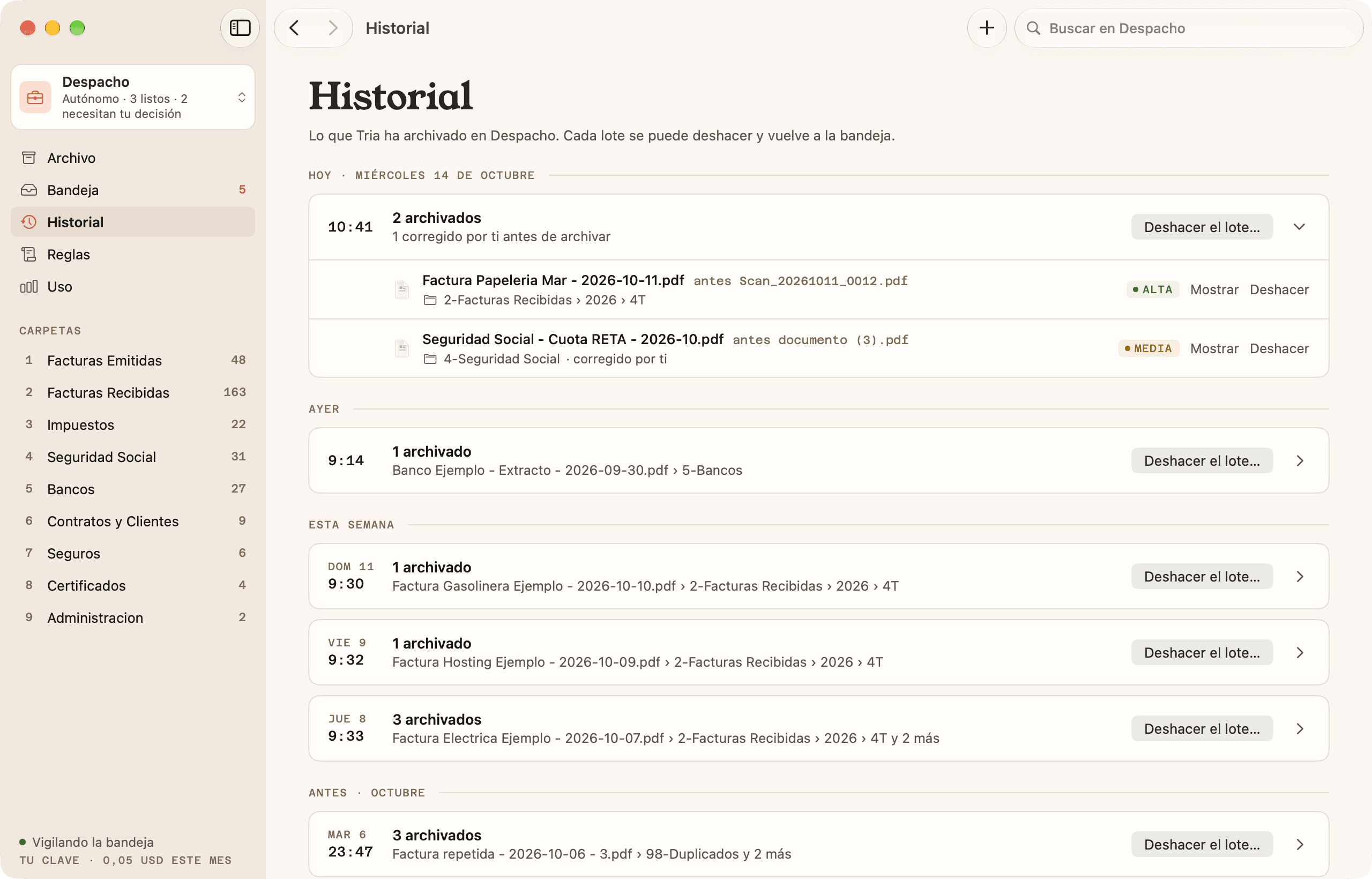 L'historial de Tria, amb els lots d'avui, d'ahir i d'aquesta setmana i el botó per desfer cadascun.