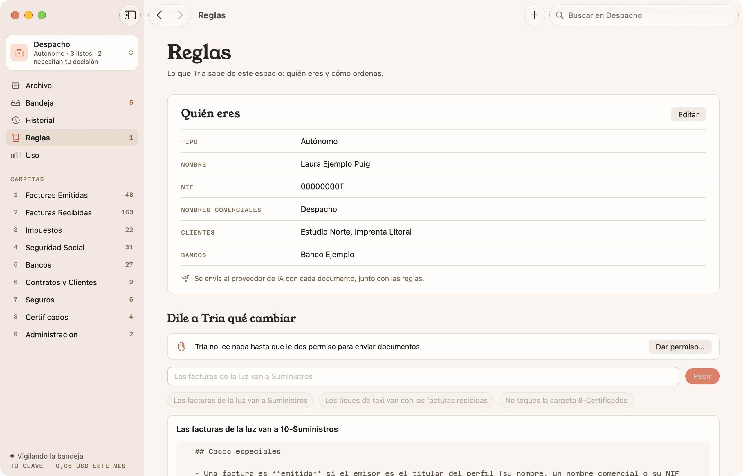 Les regles de Tria, amb el perfil i el camp «Digues a Tria què vols canviar».